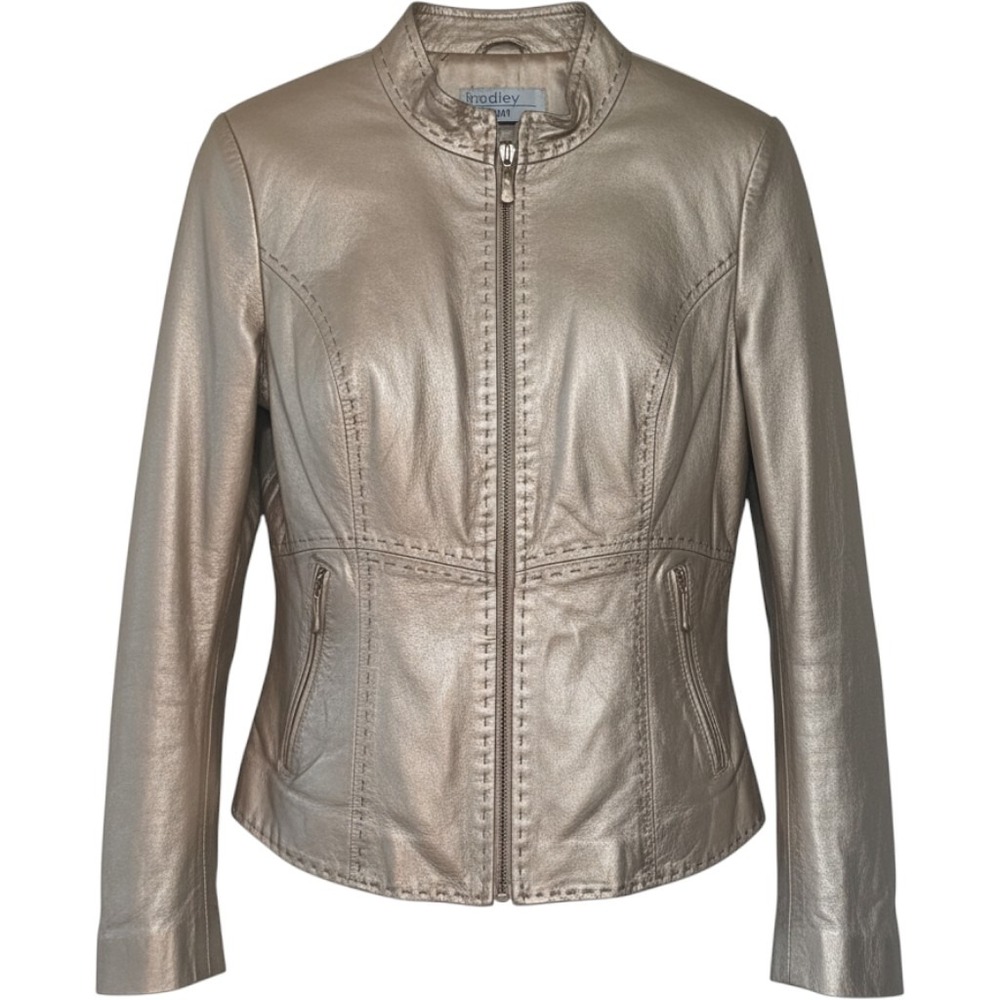 Bradley Bayou Leather Jacket Women Small Gold Excellent Metallic Whipstitch Moto